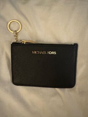 Michael Kors Black Saffiano Leather Zip Card Case with Gold Keyring